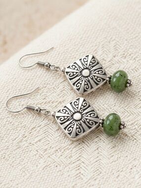 Hand Crafted Silver Southwestern Medallion & Moss Green Jade Earrings NWT